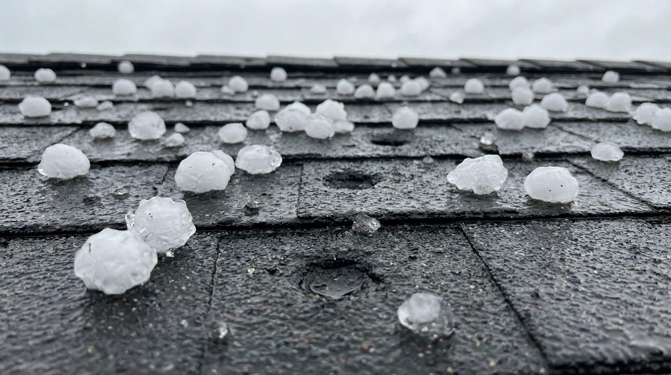 Hailstones scattered across asphalt shingles with visible impact bruising